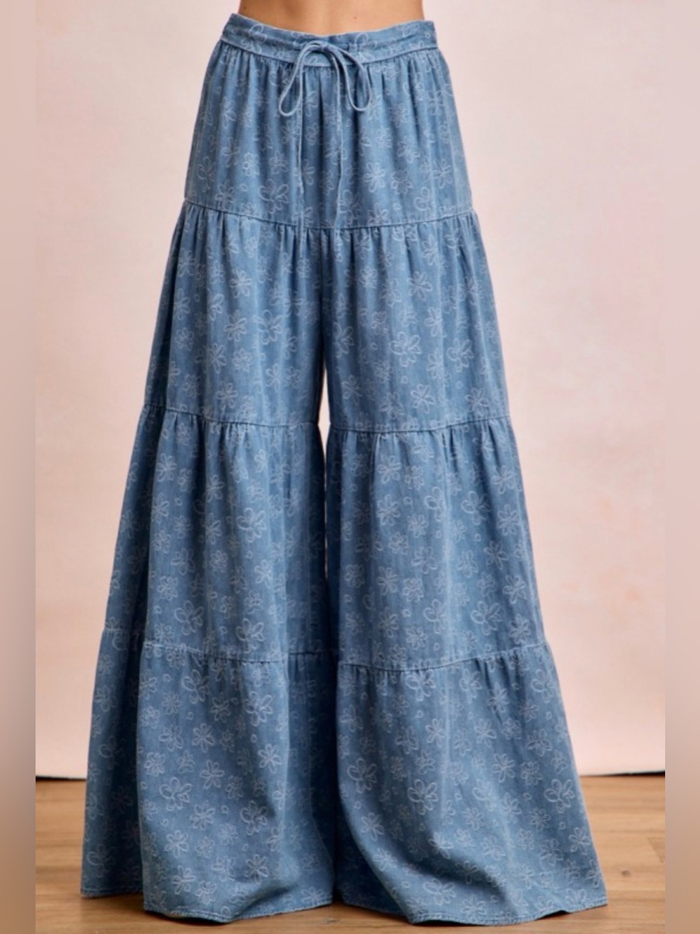 Woven Tiered Wide-Leg Pants - Blue